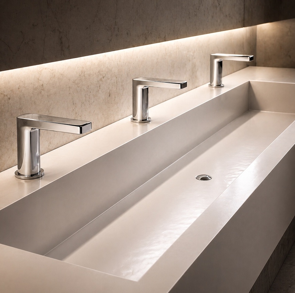Hands-free touchless sensor faucets for cleaner public restrooms